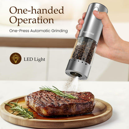 Newise Electric Salt and Pepper Grinder Set - Rechargeable Stainless Steel Salt and Pepper Shakers with LED Lights, Adjustable Coarseness, Large Capacity, Kitchen Appliances Gifts for Women