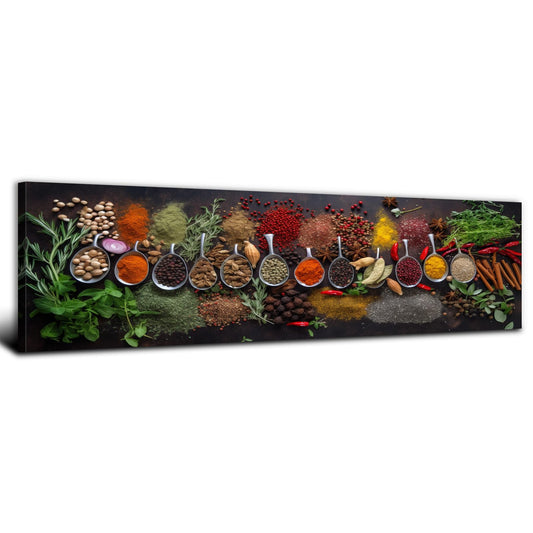 Large Colorful Kitchen Wall Art Spices Herb Food Picture for Dining Room Wall Decor Seasoning Herb Spoon Canvas Prints Poster Vintage Modern Family Bar Painting Artwork Home Decorations 14x48”
