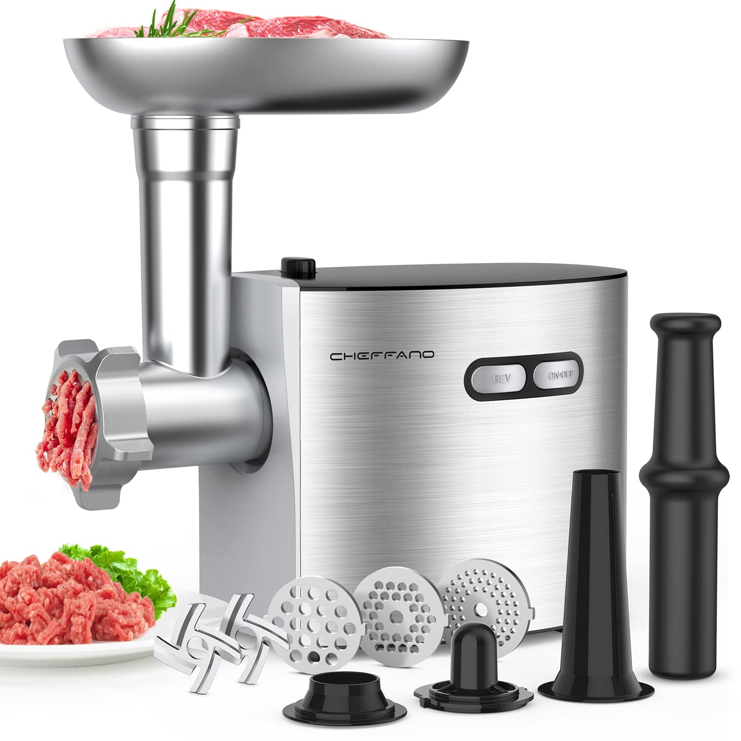 CHEFFANO Meat Grinder, 2600W Max Stainless Steel Meat Grinder Electric, ETL Approved Heavy Duty Meat Mincer Machine with 2 Blades, 3 Plates, 1 Sausage Stuffer Tube & Kubbe Kit for Home Kitchen Use