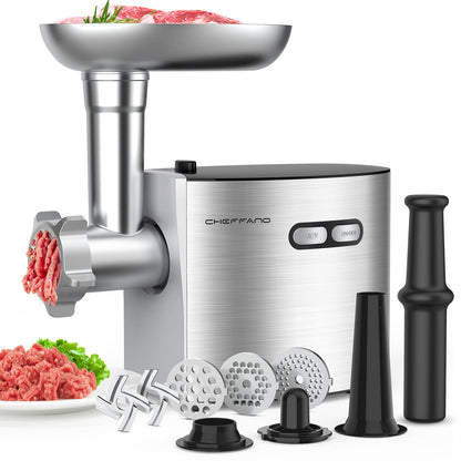 CHEFFANO Meat Grinder, 2600W Max Stainless Steel Meat Grinder Electric, ETL Approved Heavy Duty Meat Mincer Machine with 2 Blades, 3 Plates, 1 Sausage Stuffer Tube & Kubbe Kit for Home Kitchen Use