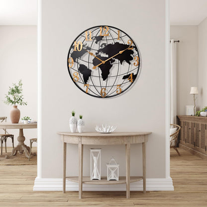 Large World Map Wall Clock, Metal Minimalist Modern Clock,Round Silent Non-Ticking Battery Operated Wall Clocks for Living Room/Home/Kitchen/Bedroom/Office/Farmhouse Decor (24 Inch)