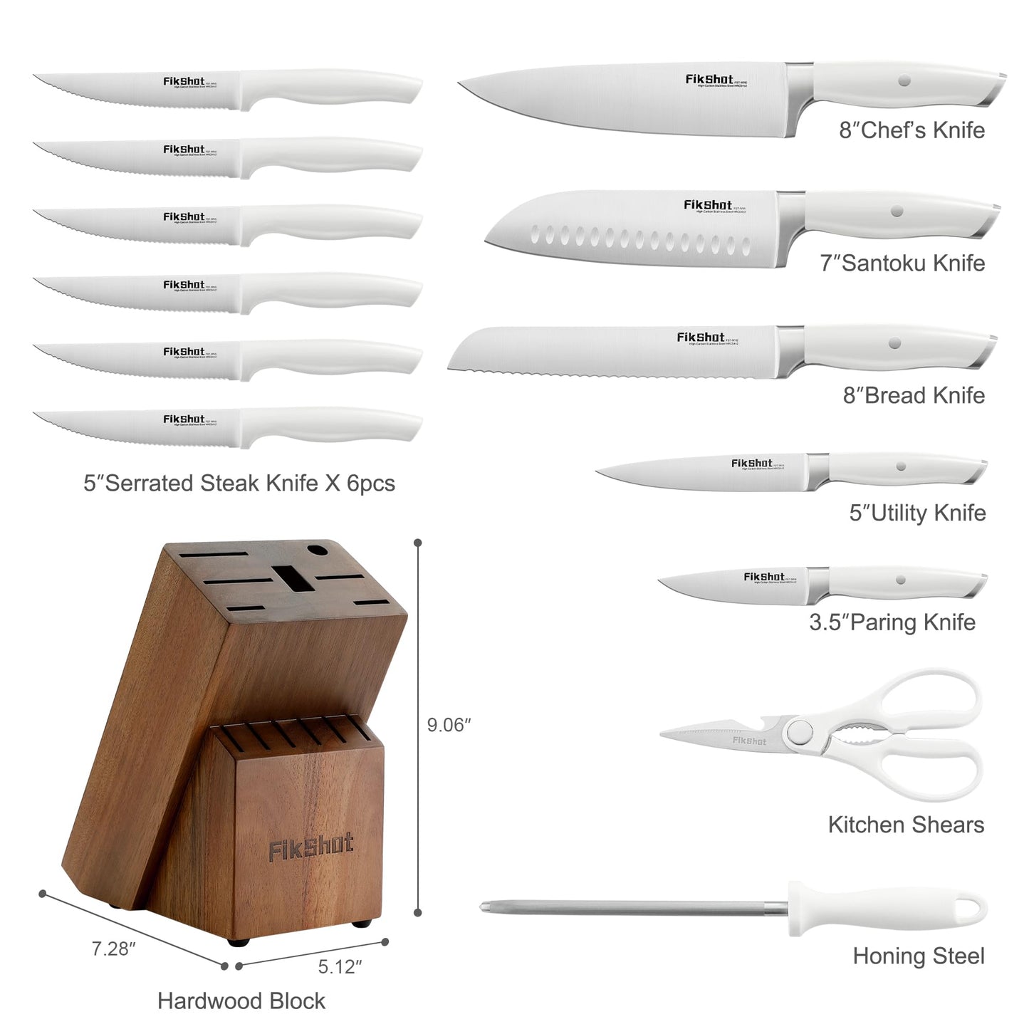 Fikshot 14-Piece Knife Set – German High Carbon Stainless Steel, Professional Chef Knives with Block & Sharpener, Elegant White, Dishwasher-Safe, Modern Kitchens, Rental Homes, Gift for Chefs
