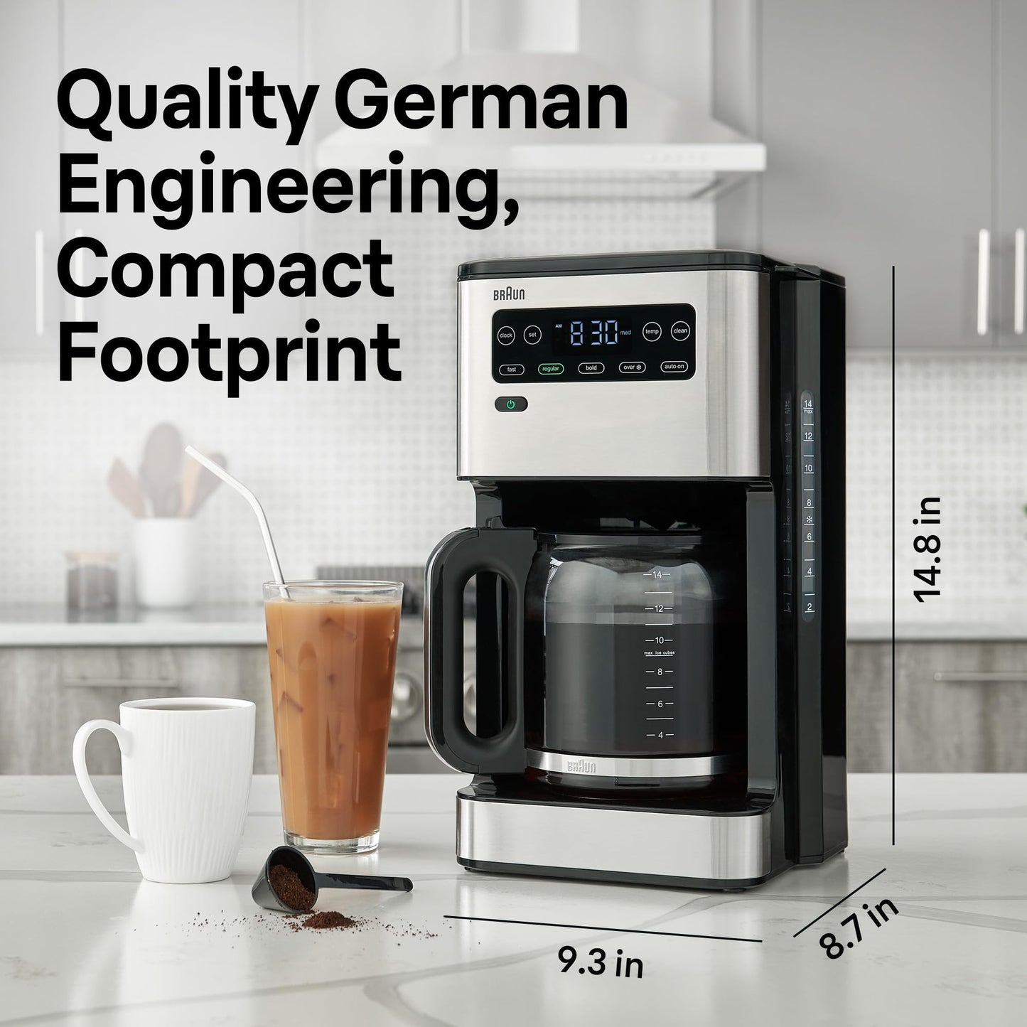Braun PureFlavor 14‑Cup Programmable Coffee Maker – Fast Brew Speed, Touch Display, Bold & Brew‑Over‑Ice Modes, FlavorCarafe & Adjustable Warm Plate