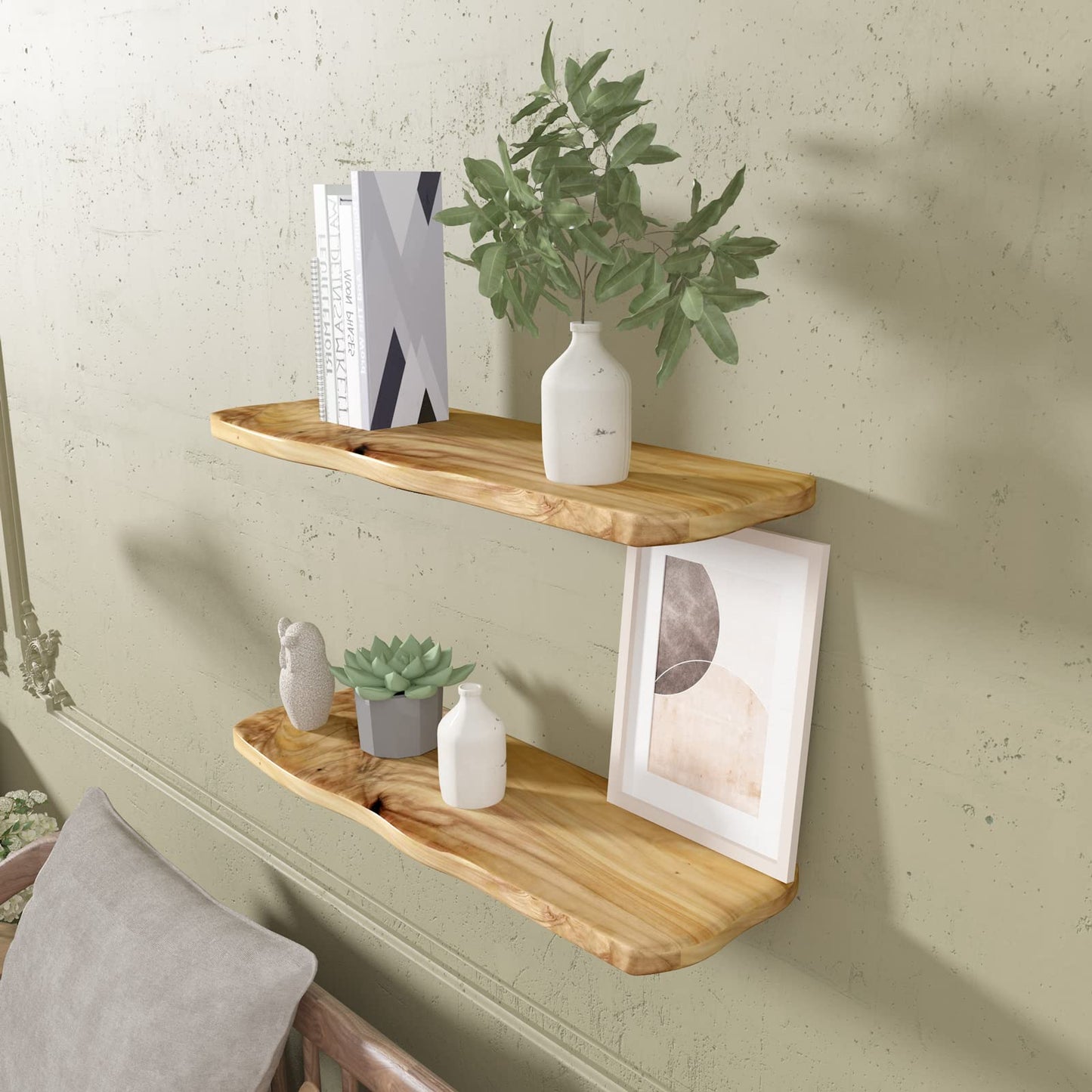 WELLAND 24 Inch Cedar Natural Edge Floating Shelf Set of 2 Rustic Solid Cedar Wood Floating Shelves Wall Mounted for Living Room, Bedroom, Kitchen, Bathroom, Home Office, Entryway