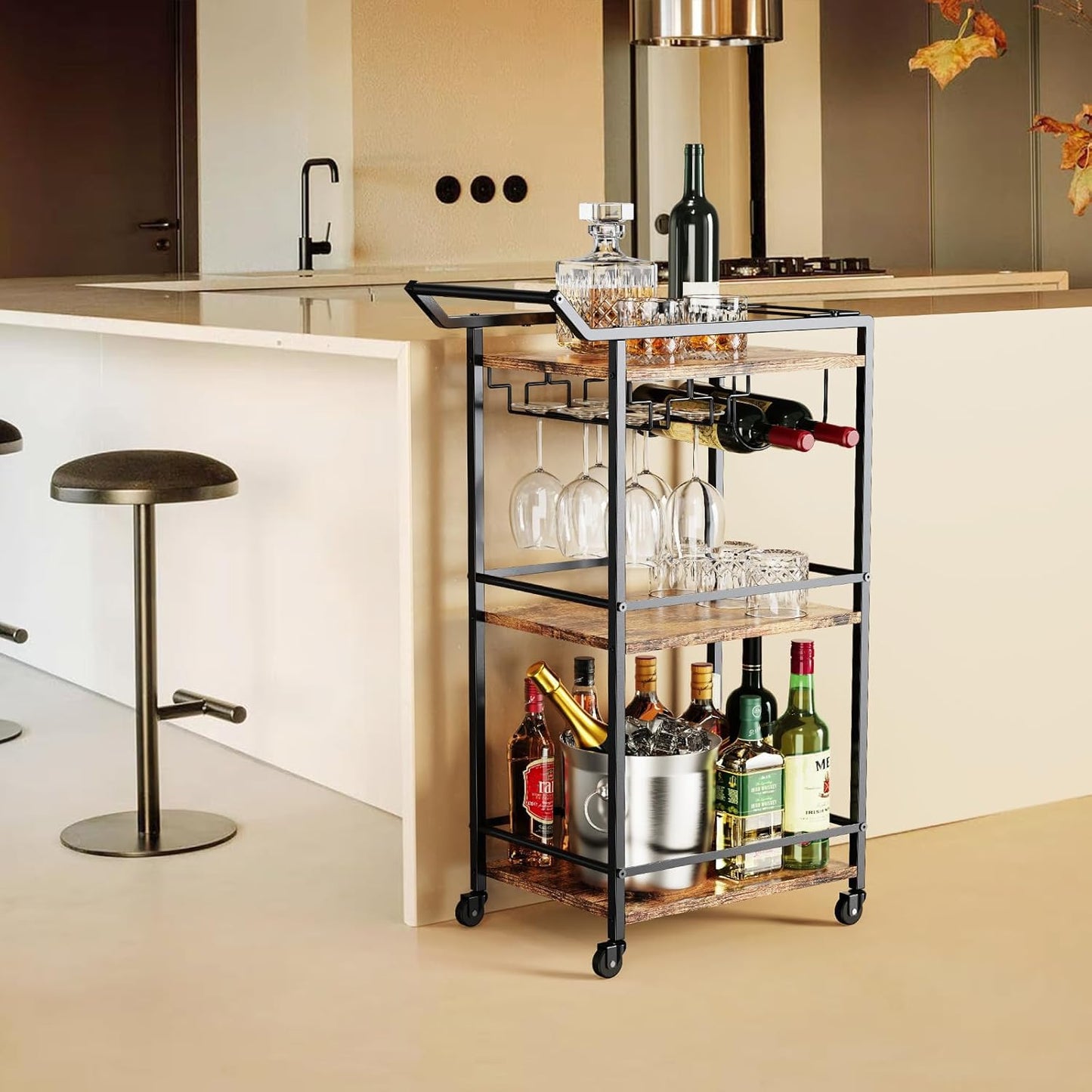 LOTEYIKE 3 Tier Bar Cart, Mini Liquor Utility Cart for Wine Beverage Dinner Party, Rolling Wine Coffee Drink Serving Cart with Lockable Wheels for Home Kitchen Bars (Rustic Brown)