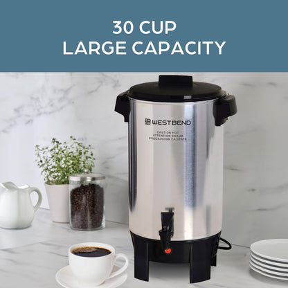 West Bend Coffee Urn Highly-Polished Aluminum Features Automatic Temperature Control with Cup Per Minute Brewing and Easy Clean Up Includes In-Basket Measuring Guide and Ready Light, 30-Cup, Silver