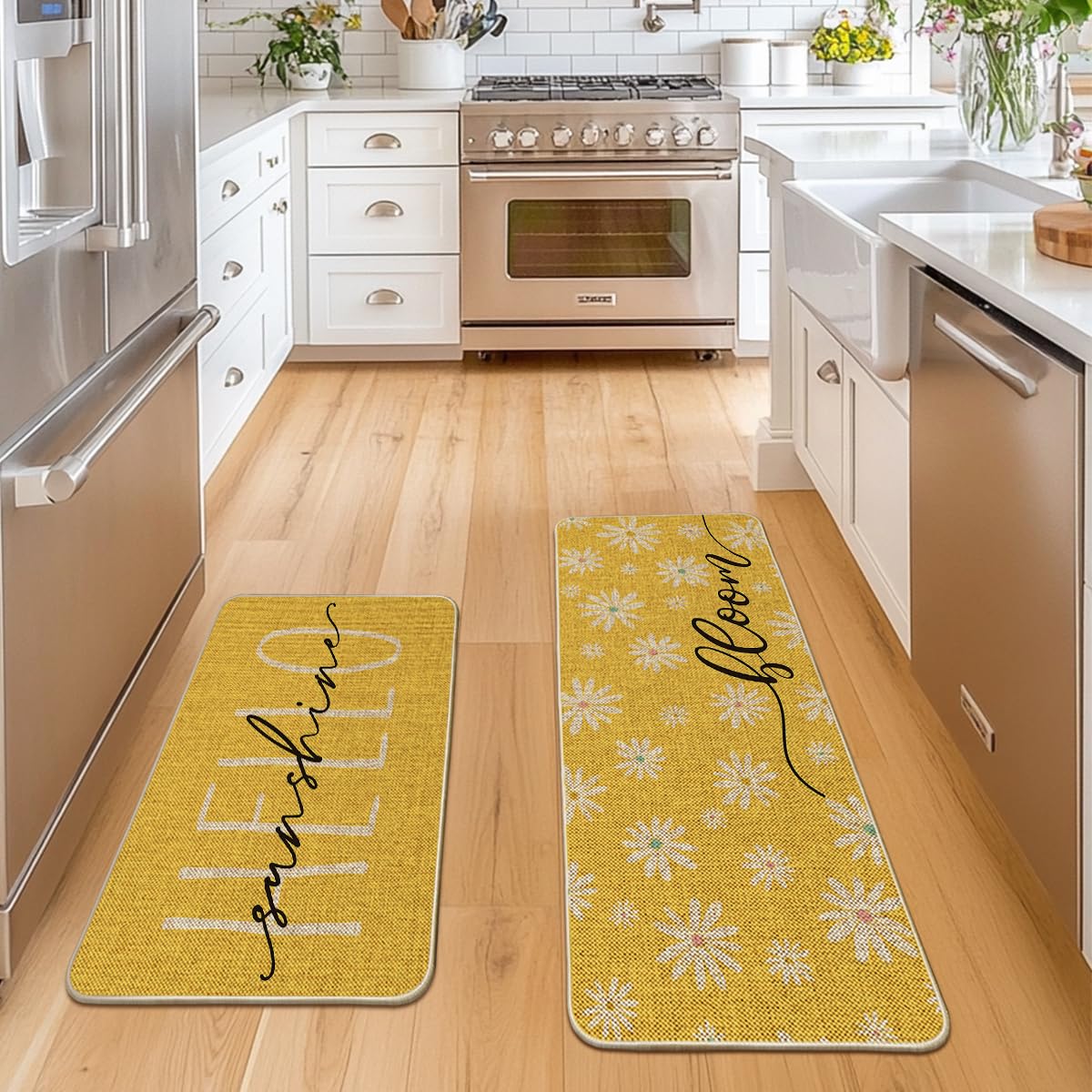 Artoid Mode Yellow Daisy Hello Sunshine Bloom Spring Kitchen Mats Set of 2, Home Decor Low-Profile Kitchen Rugs for Floor - 24x35 and 24x59 Inch