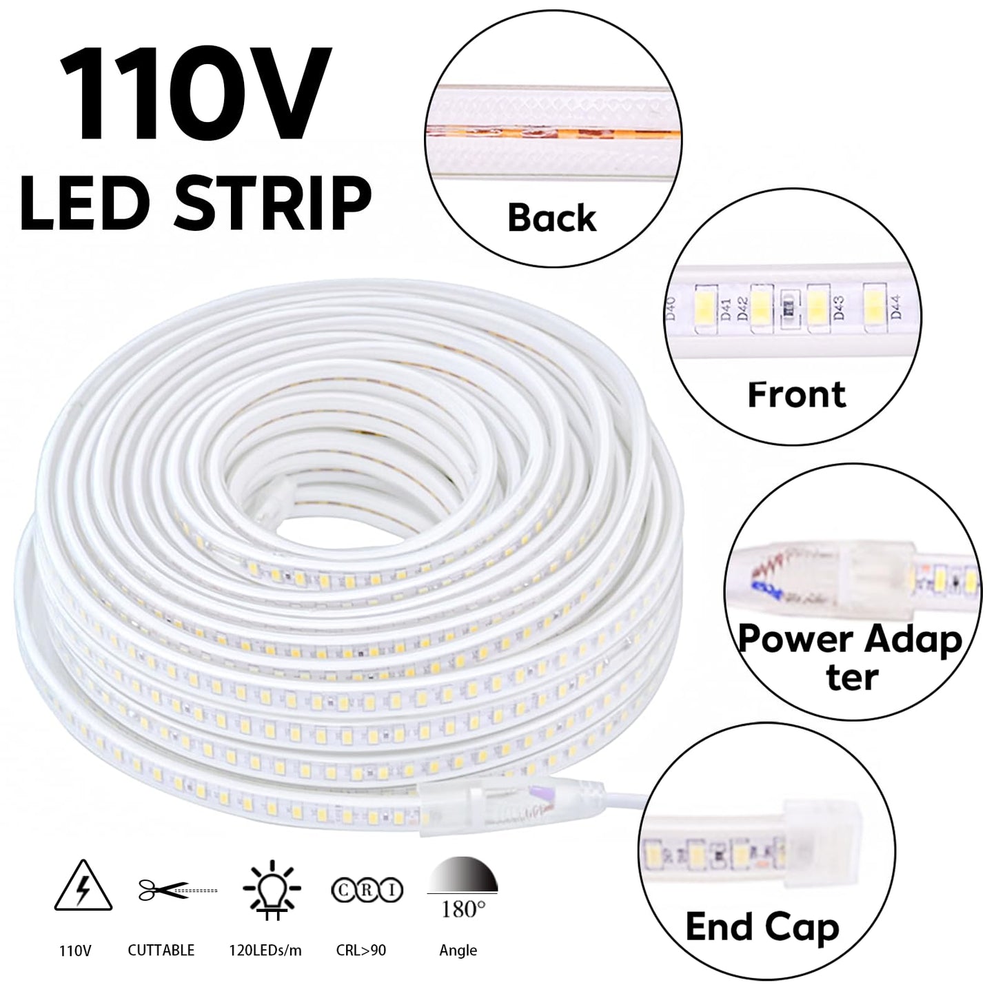 pcningled Outdoor LED Strip Lights Waterproof 32.8FT AC 110V Flexible LED Rope Lights Cool White 6000K 120V Cuttable LED Lights SMD 5730 120LEDs/m for Bedroom Wall Kitchen Cabinets Home Decor