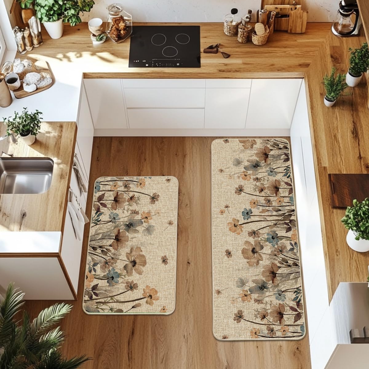 Artoid Mode Brown Poppy Floral Leaves Spring Kitchen Mats Set of 2, Spring Home Decor Low-Profile Kitchen Rugs for Floor - 24x35 and 24x59 Inch