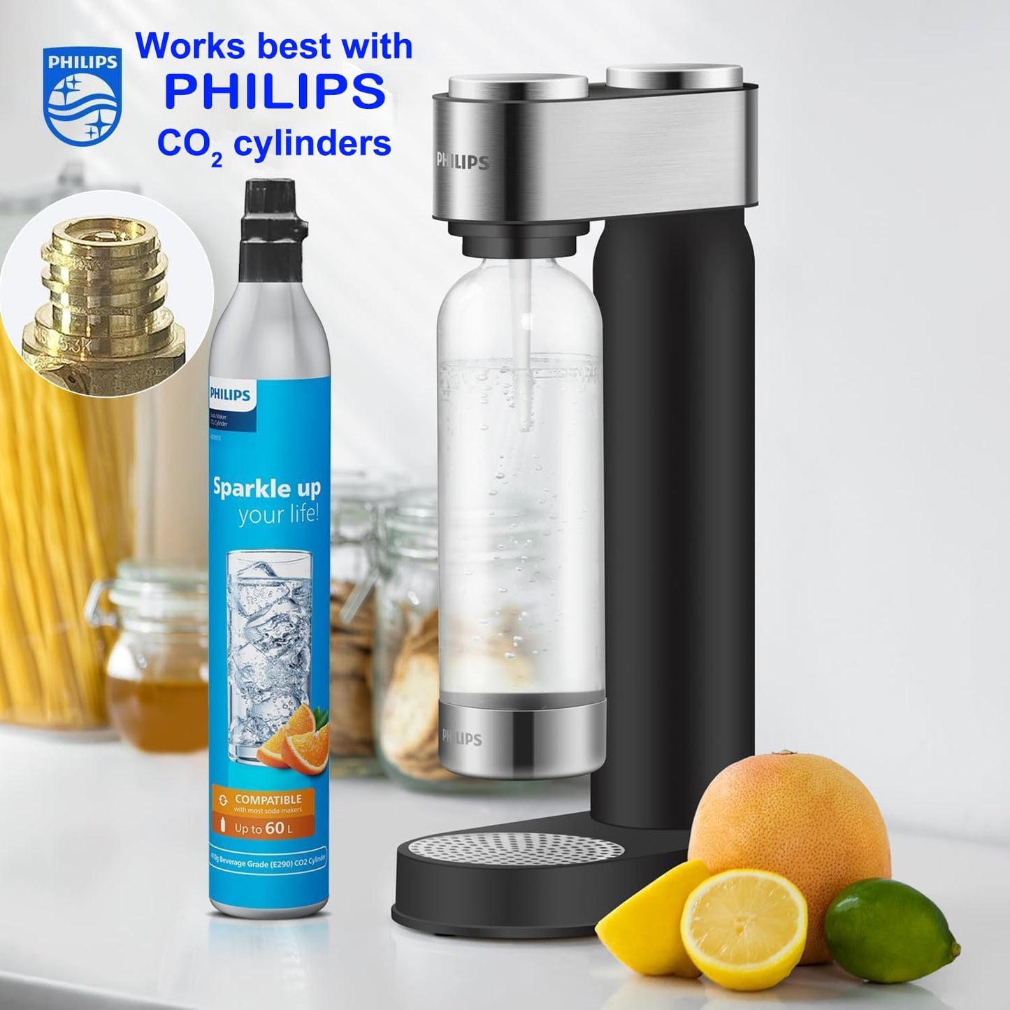 Philips Soda Streaming Machine, Stainless Sparkling Water Maker Easy Install with Quick Twist 1L PET Carbonating Bottle, Soda Maker Compatible with 60L CO2 Carbonator (NOT Included), ADD4902BKOQ/37