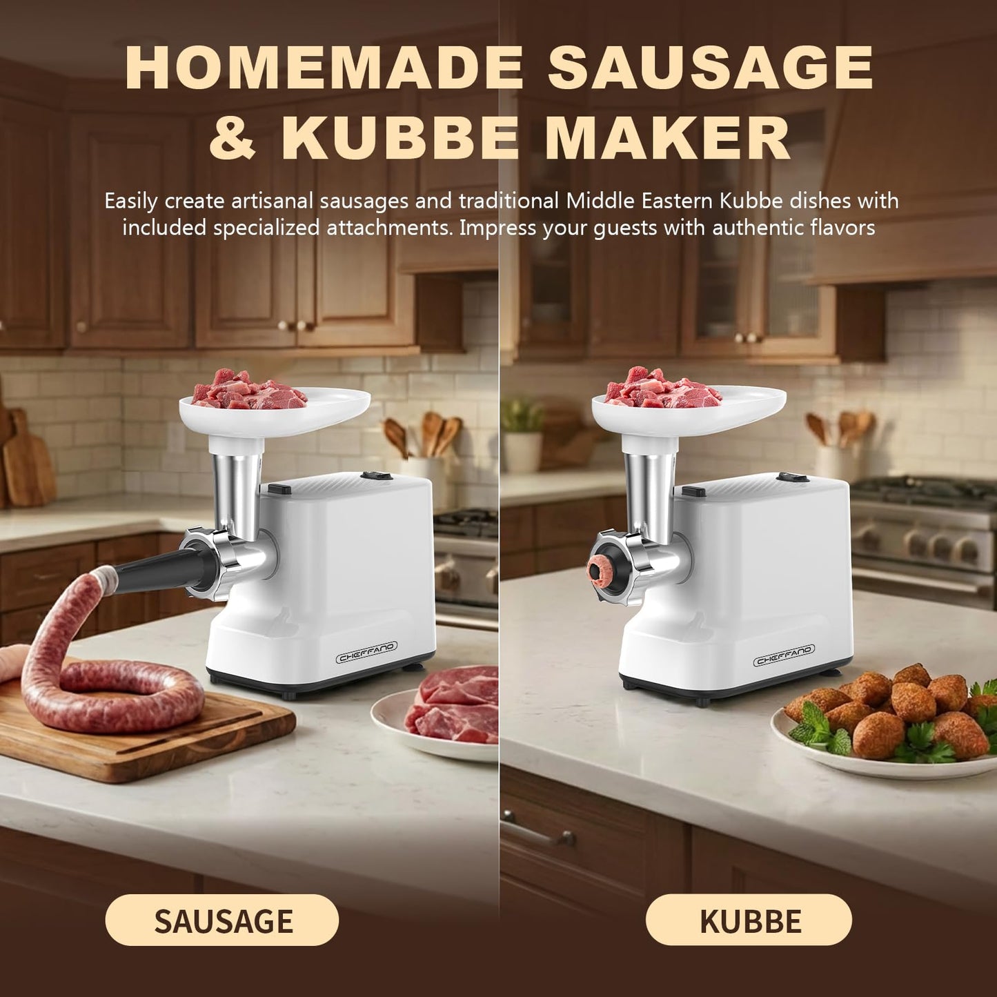 CHEFFANO Meat Grinder, [2500W Max] Electric Meat Grinders with, 2 Grinding Blades, 3 Plates, Sausage Stuffer, Kubbe Kit, for Home Kitchen Use, 3-In-1 Heavy Duty Mincer