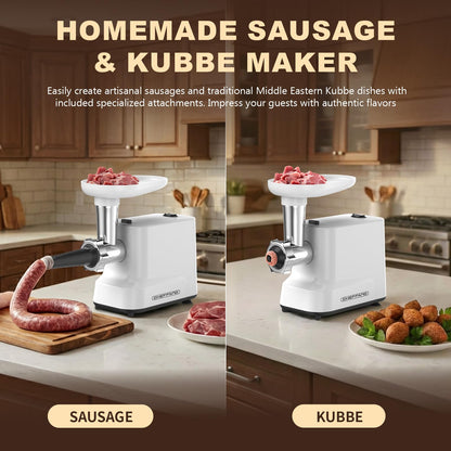 CHEFFANO Meat Grinder, [2500W Max] Electric Meat Grinders with, 2 Grinding Blades, 3 Plates, Sausage Stuffer, Kubbe Kit, for Home Kitchen Use, 3-In-1 Heavy Duty Mincer