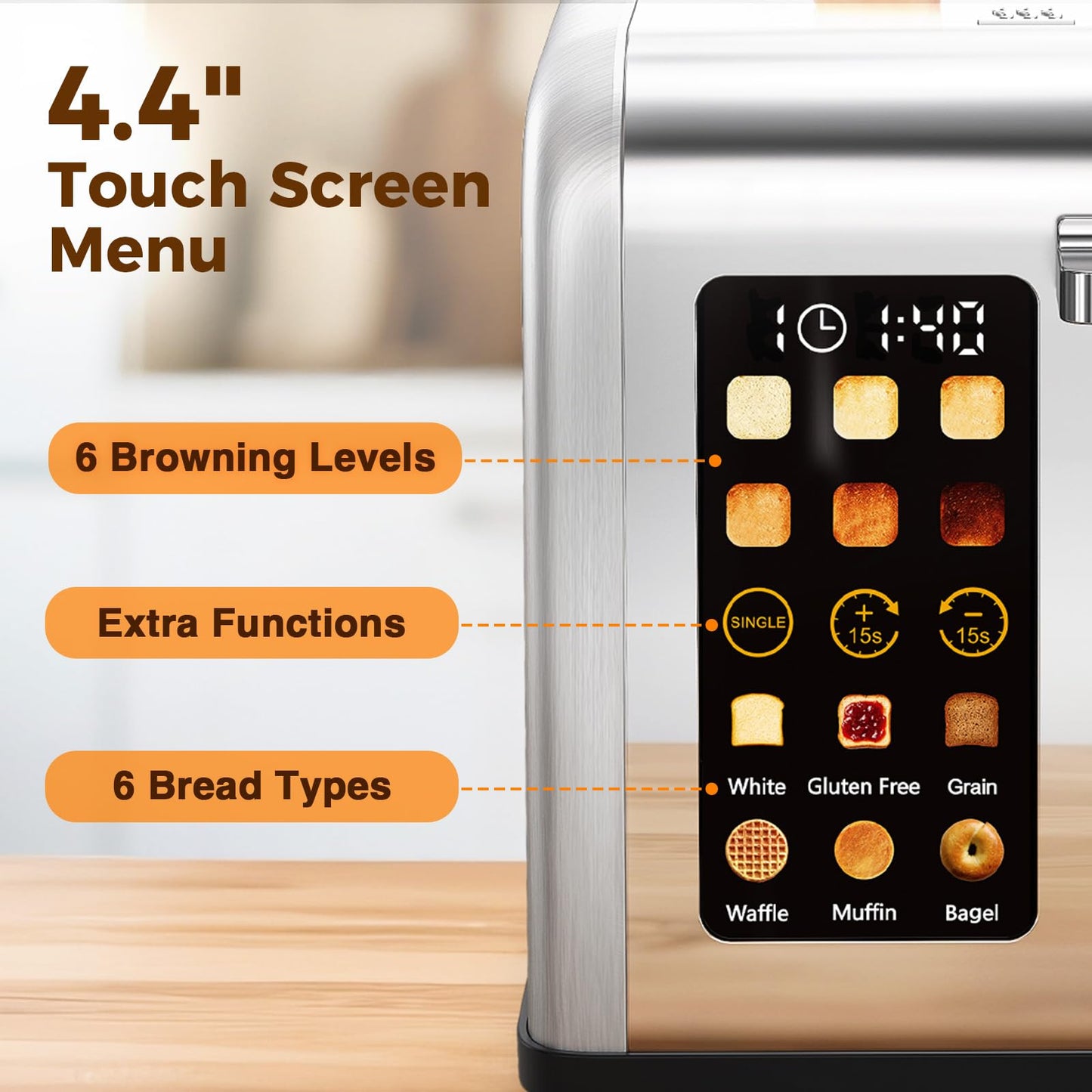 2 Slice Easy Touch Screen Toaster, Stainless Steel Toaster with Wide Slots, Even Toasting for Bagels & Bread, Reheat & Defrost, Removable Crumb Tray, Silver