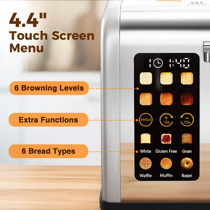 2 Slice Easy Touch Screen Toaster, Stainless Steel Toaster with Wide Slots, Even Toasting for Bagels & Bread, Reheat & Defrost, Removable Crumb Tray, Silver