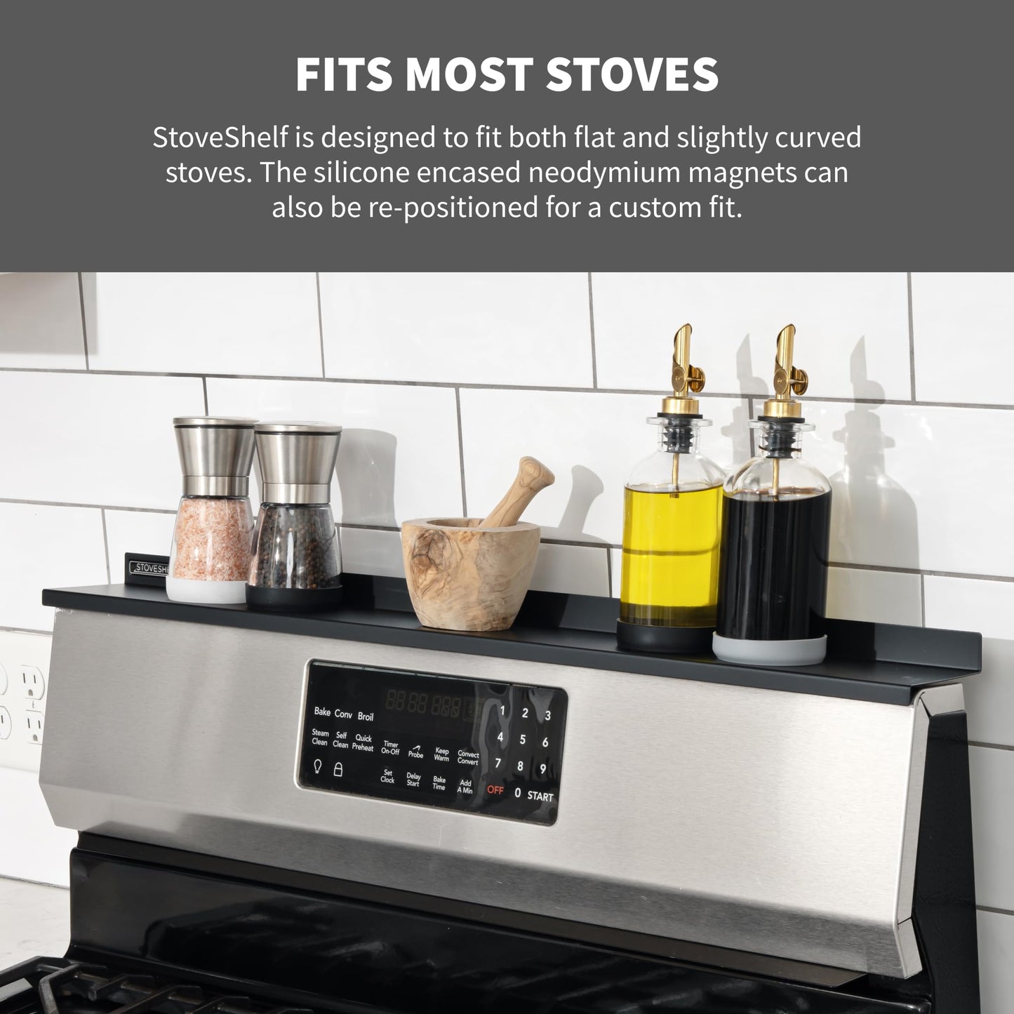 StoveShelf 20" Apartment Length Black Magnetic Shelf for Kitchen Stove - Kitchen Storage Solution with Zero Installation - Over Stove Spice Rack Organizer
