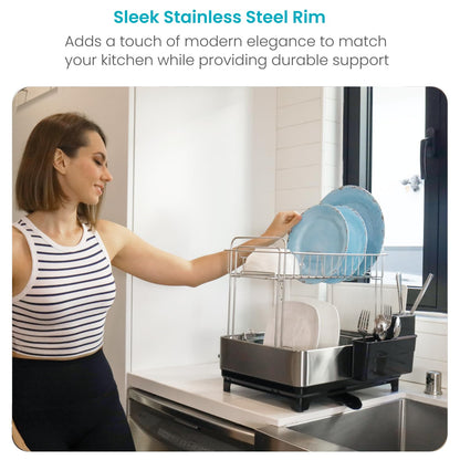 Home Zone Living Large 2-Tier Stainless Steel Dish Drying Rack with Drain Pipe and Utensil Holders
