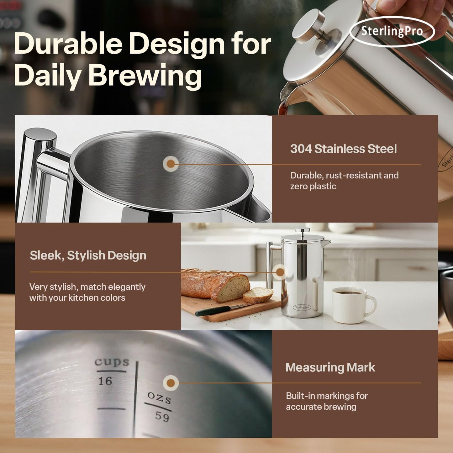 SterlingPro Stainless Steel French Press Coffee Maker 1.75 L (59 oz) Mirror – Double Walled Insulated Extra Large French Press, Durable Design Keeps Drinks Hot, Easy to Use and Clean for Rich Flavor