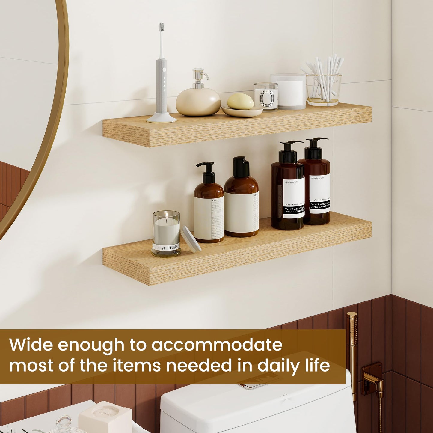Dreamland 24Inch Floating Shelves for Wall, Rustic Wooden Floating Shelves for Bathroom|Bedroom|Kitchen, 2 Pack Deep Wall Mounted Book Shelf, Wood Storage Display Shelf for Home Decor, Oak