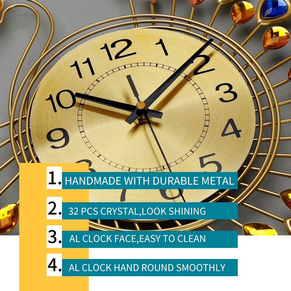 FLEBLE Large Wall Clocks for Living Room Decor Gold Decoration Wall Clock Silent Battery Operated Non Ticking for Bedroom Kitchen 14 Inch Retro Peacock Crystal Wall Watch Quartz for Home Office Indoor