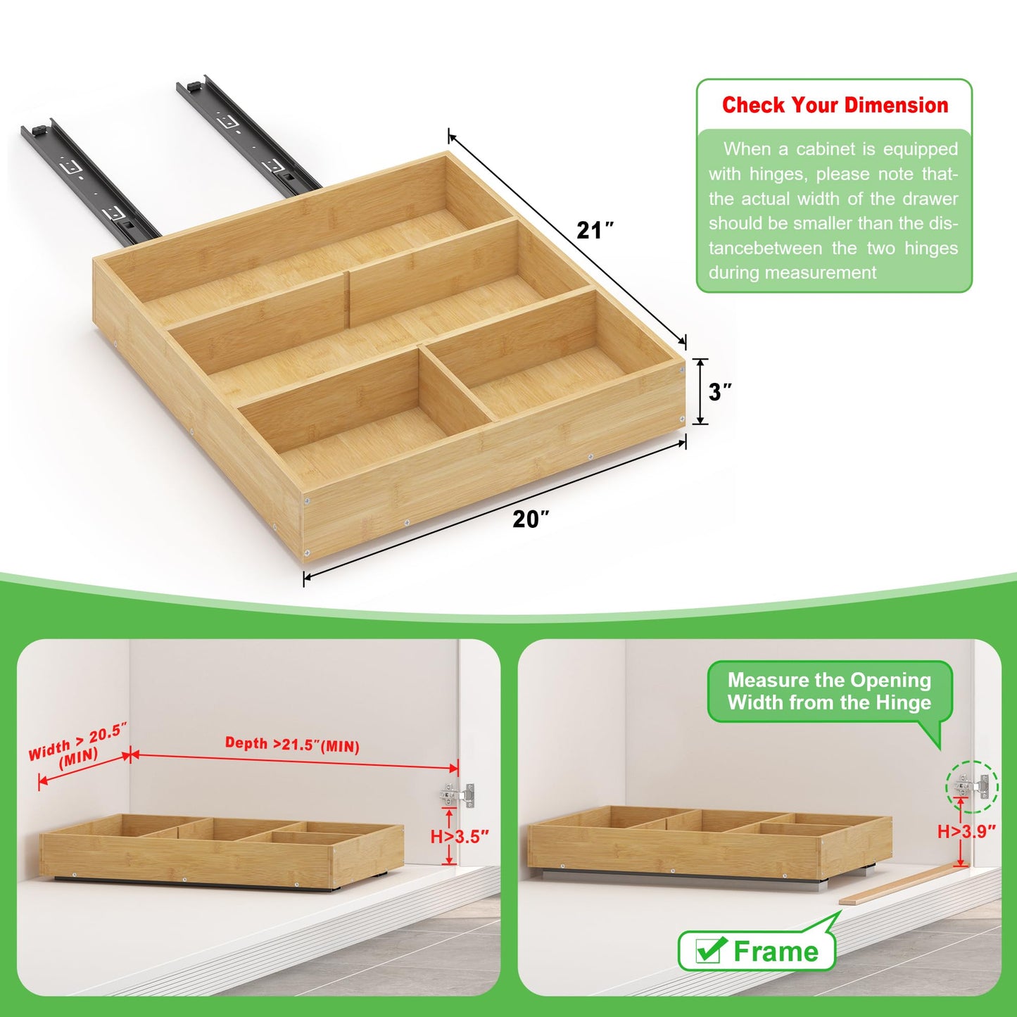 LUHENPING No Drill Pull Out Drawers for Cabinets, 20" W x 21" D Bamboo Adhesive Cabinet Organizer, Slide Out Shelves for Kitchen Pantry Bathroom Storage