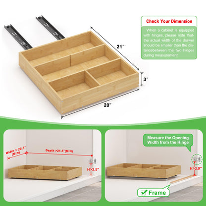 LUHENPING No Drill Pull Out Drawers for Cabinets, 20" W x 21" D Bamboo Adhesive Cabinet Organizer, Slide Out Shelves for Kitchen Pantry Bathroom Storage