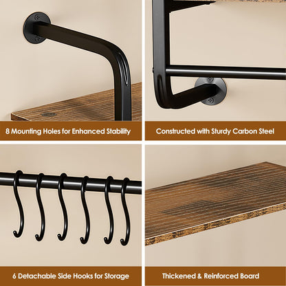 Kssiaz 3 Tier Industrial Pipe Floating Shelf, 24" Kitchen Wall Shelves with Towel Bar & 6 Hooks, Coffee Bar Shelves Display Bookshelf Wall Shelf for Kitchen, Bathroom, Home Décor, Rustic Brown