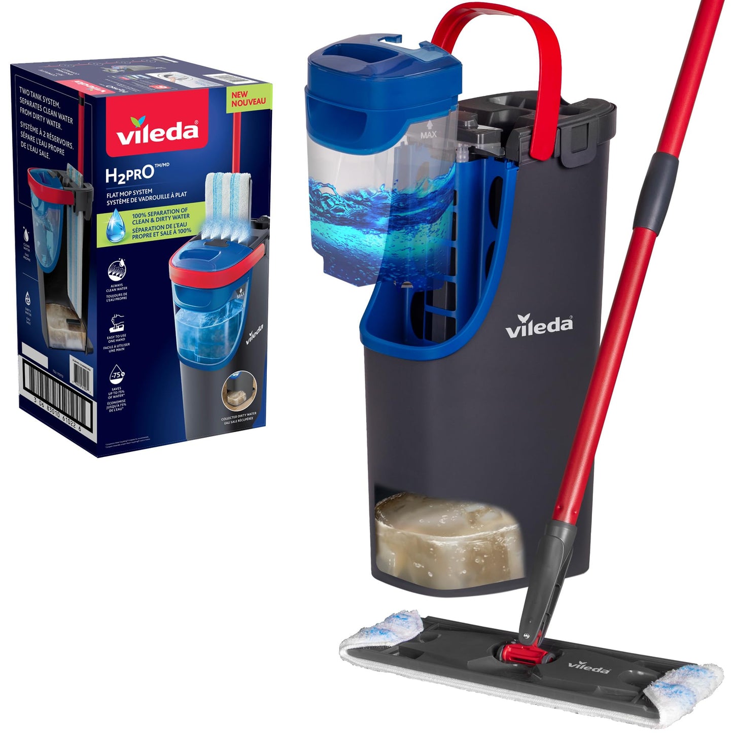 Vileda H2prO Flat Mop & Bucket Set, Clean/Dirty Water Separation, Reusable Microfiber Head, Safe on All Floors