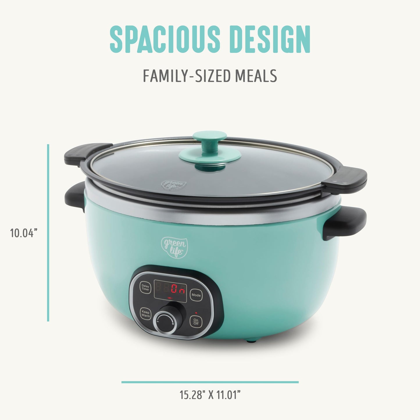 GreenLife 6QT Ceramic Slow Cooker, PFAS-Free, Programmable, Removable Healthy Nonstick Pot for Family Meals, Sear on Stovetop, Keep Warm, Digital Timer, Dishwasher Safe Crock, Turquoise