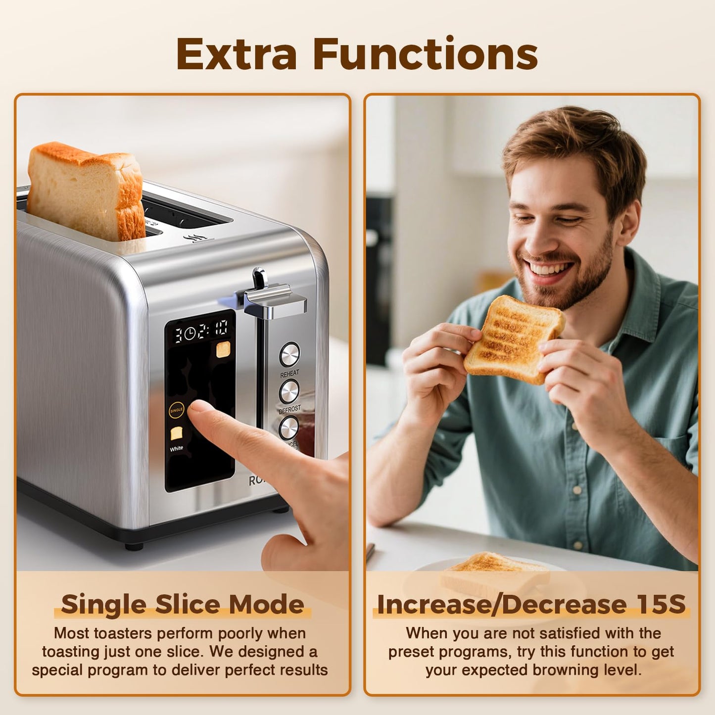 2 Slice Easy Touch Screen Toaster, Stainless Steel Toaster with Wide Slots, Even Toasting for Bagels & Bread, Reheat & Defrost, Removable Crumb Tray, Silver