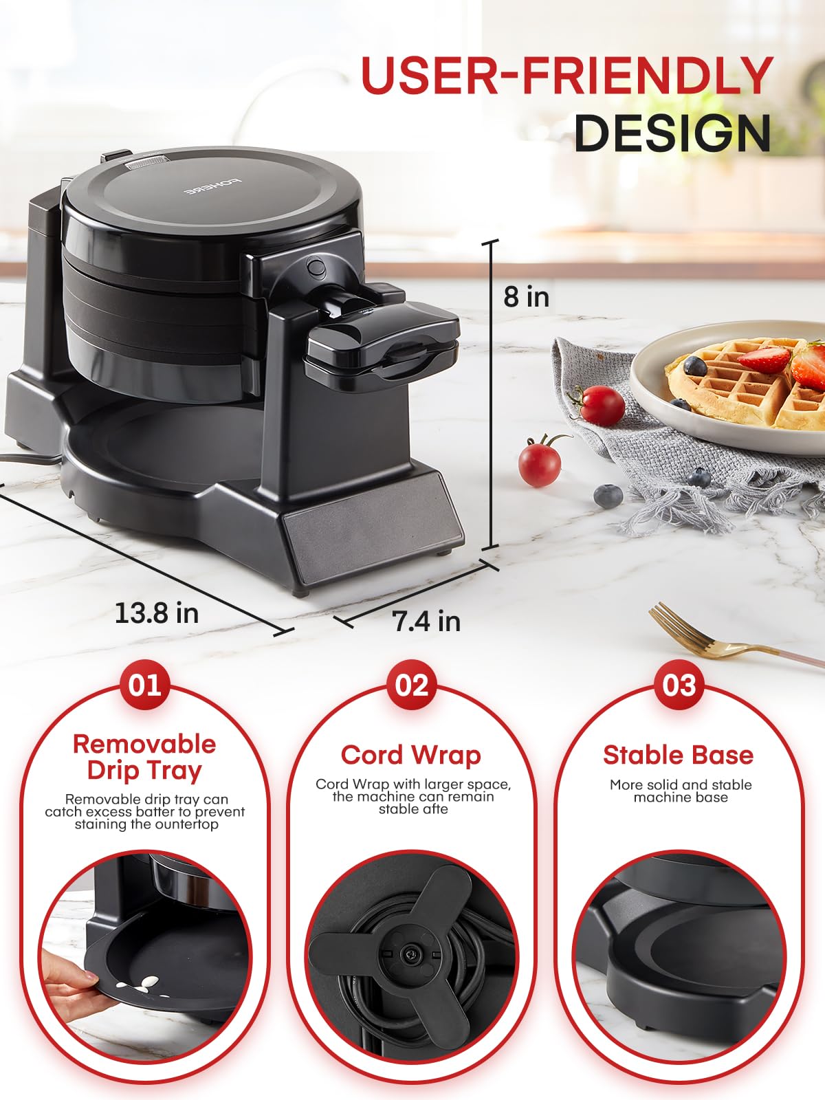 Waffle Maker, 1400W Double Belgian Waffle Iron 180° Flip, 8 Slices in 3 Mins, Rotating & Nonstick Plates, Anti-Scald, Removable Drip Tray Easy to Clean, Cool Touch Handle, Space-Saving Storage(Black)