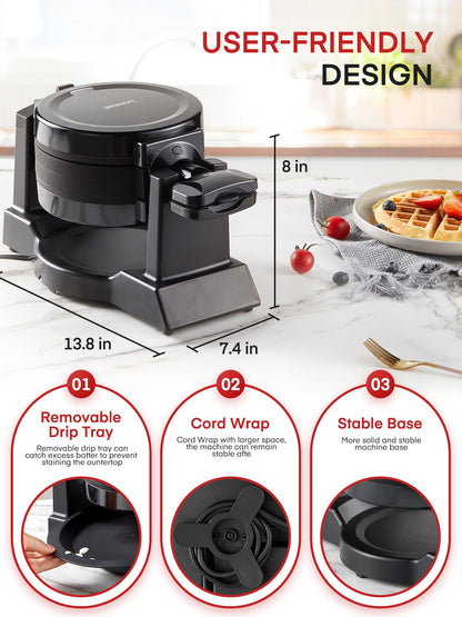 Waffle Maker, 1400W Double Belgian Waffle Iron 180° Flip, 8 Slices in 3 Mins, Rotating & Nonstick Plates, Anti-Scald, Removable Drip Tray Easy to Clean, Cool Touch Handle, Space-Saving Storage(Black)
