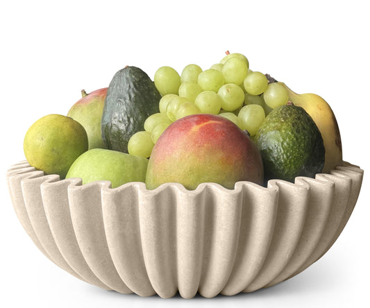 12" Extra Large Decorative Bowl – Decorative Fruit Bowl for Kitchen Counter, Modern Handmade Bowls for Home Decor, Ruffle Decor, Stylish Key Bowl for Entryway Table, Beige Artificial Stone