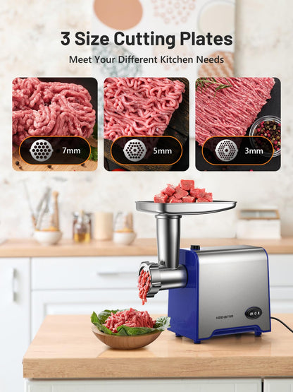 KEENSTAR Electric Meat Grinder, Sausage Stuffer Maker 450W Food Grinder with Blade & 3 Plates, Sausage Stuffer Tubes & Kubbe Kit, Stainless Steel Meat Mincer Machine for Home Kitchen Use (Blue)