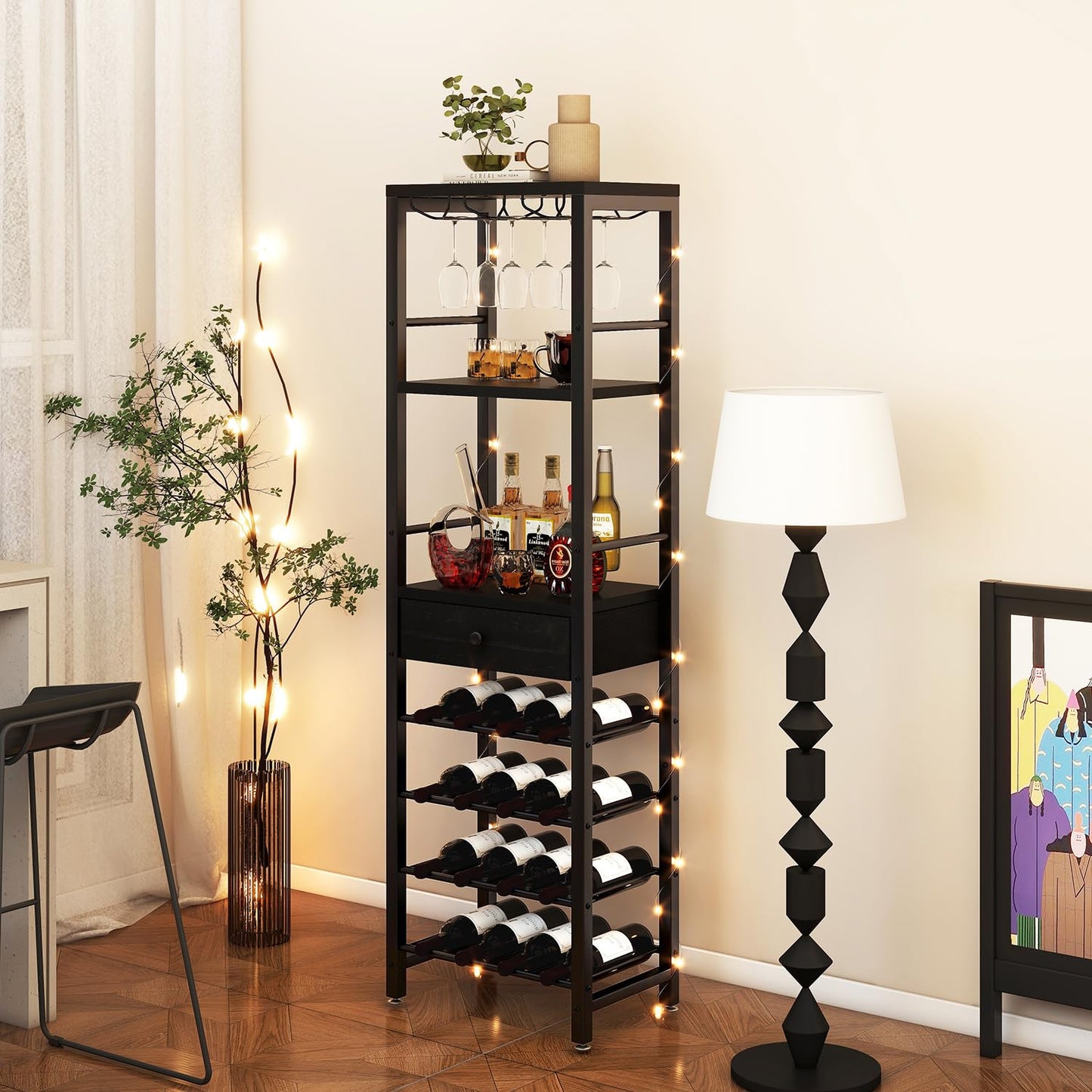 IBUYKE Wine Rack Freestanding Floor, Bar Cabinet for Liquor and Glasses,Coffee Bar Cabinet 4-Tier Wood bar Cabinet,Glass Holder and Storage Drawer for Home Bar Kitchen Living Room,Black UTMJ905B