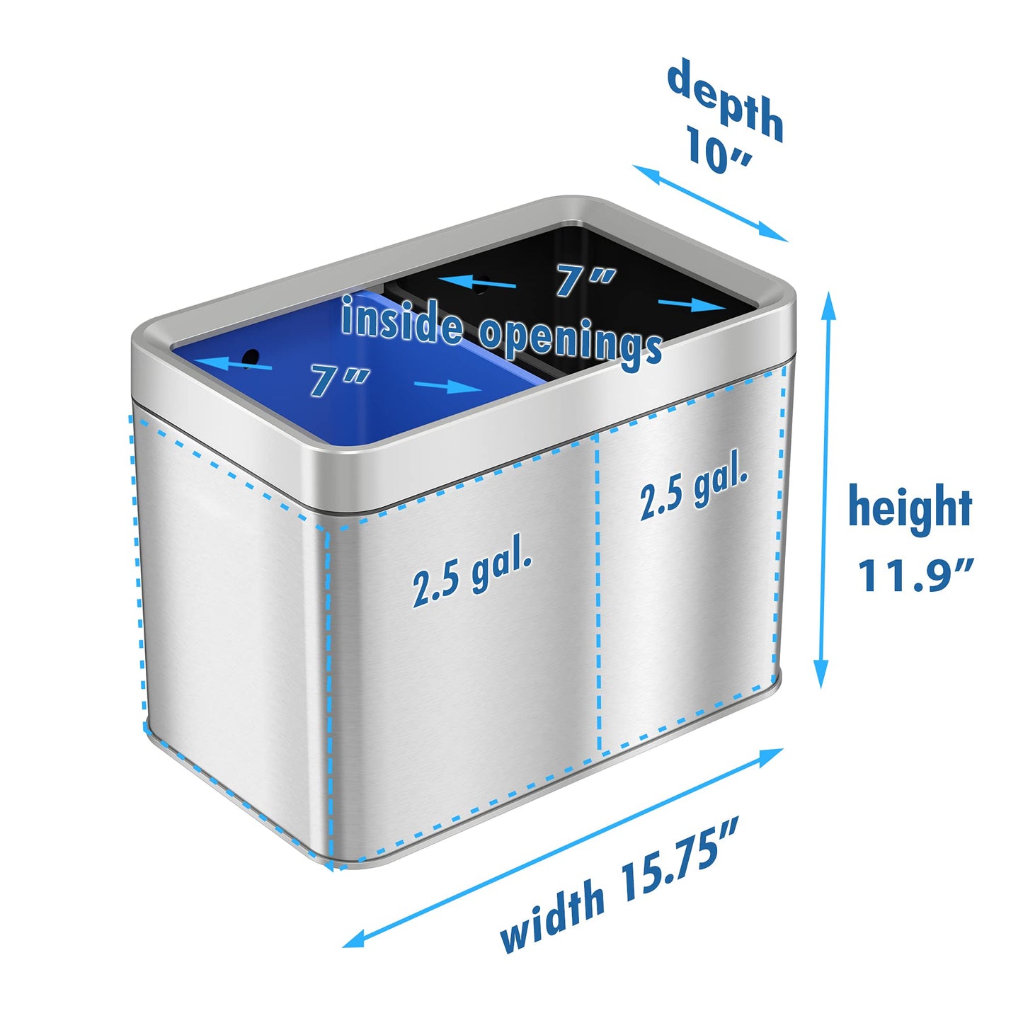 ITouchless 5.3 Gallon / 20L Slim Dual Compartment Open Top Trash Can and Recycle Bin – Rectangular Stainless Steel Wastebasket for Kitchen, Home, Office, Cubicle, Breakroom, Garage