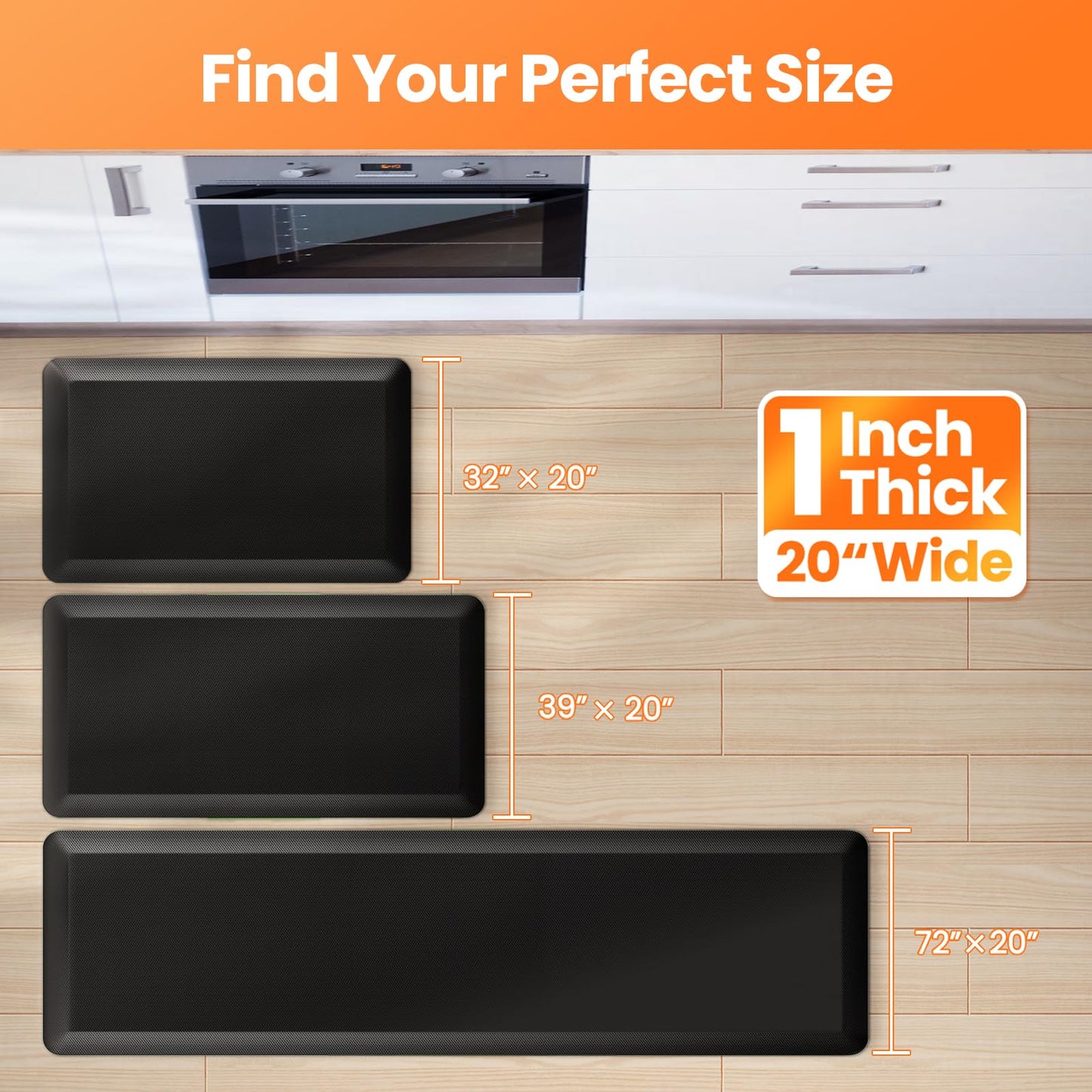 TranquilMoments Kitchen Mats for Floor, 1 Inch Extra-Thick Kitchen Rugs, Non-Slip & Waterproof Standing Desk Mat, Comfort Anti Fatigue Mats for Kitchen Floor, Home, Sink, Office (20" X 39", Black)