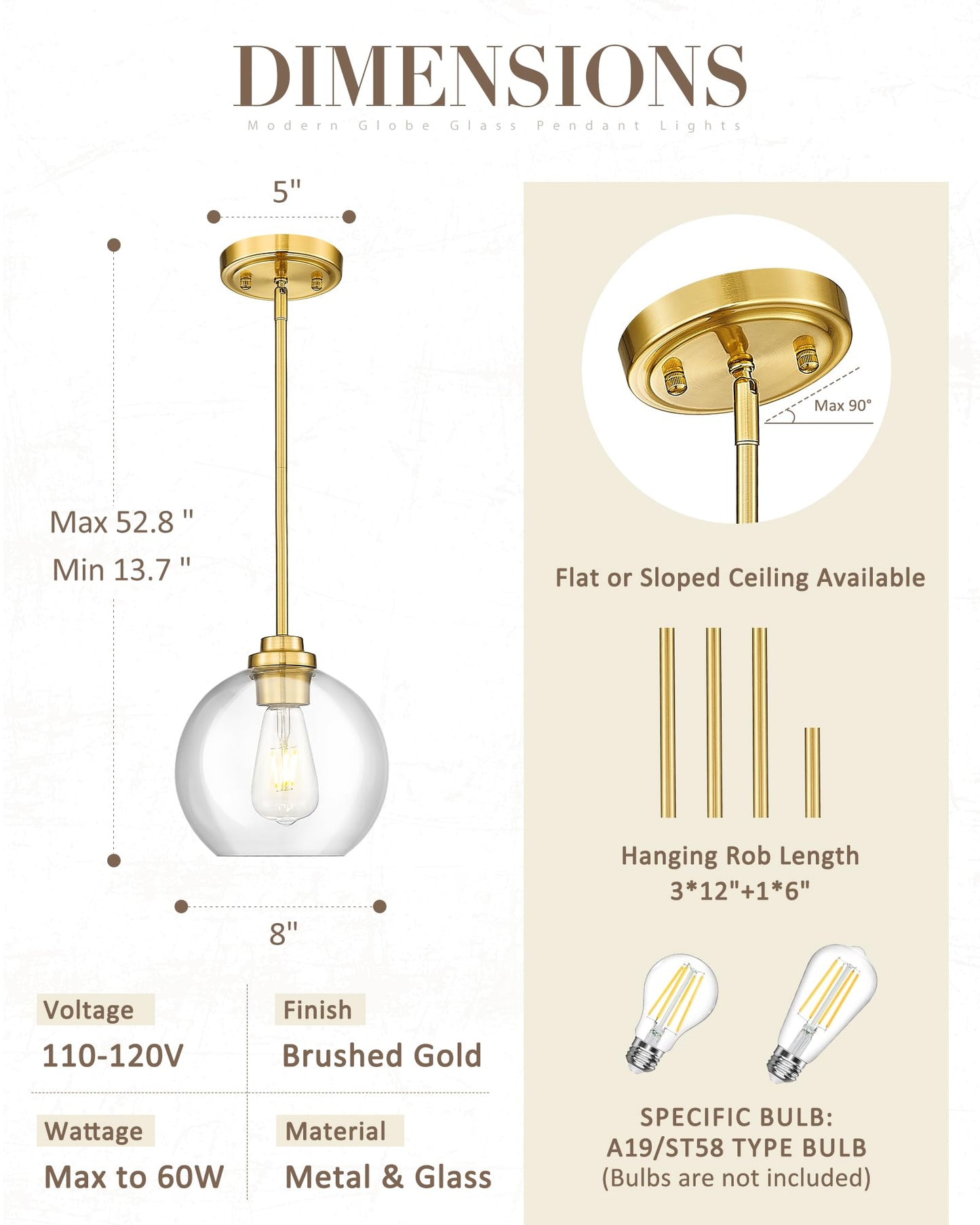 JAZAVA 8 inch Modern Gold Pendant Light Fixtures, Mid Century Globe Pendant Lights with Clear Glass, 1 Light Hanging Lights for Kitchen Island, Bathroom, Dining Room (1 Pack), PL101BG-L