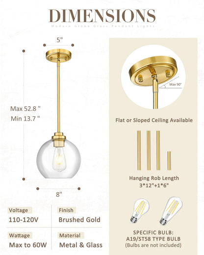 JAZAVA 8 inch Modern Gold Pendant Light Fixtures, Mid Century Globe Pendant Lights with Clear Glass, 1 Light Hanging Lights for Kitchen Island, Bathroom, Dining Room (1 Pack), PL101BG-L