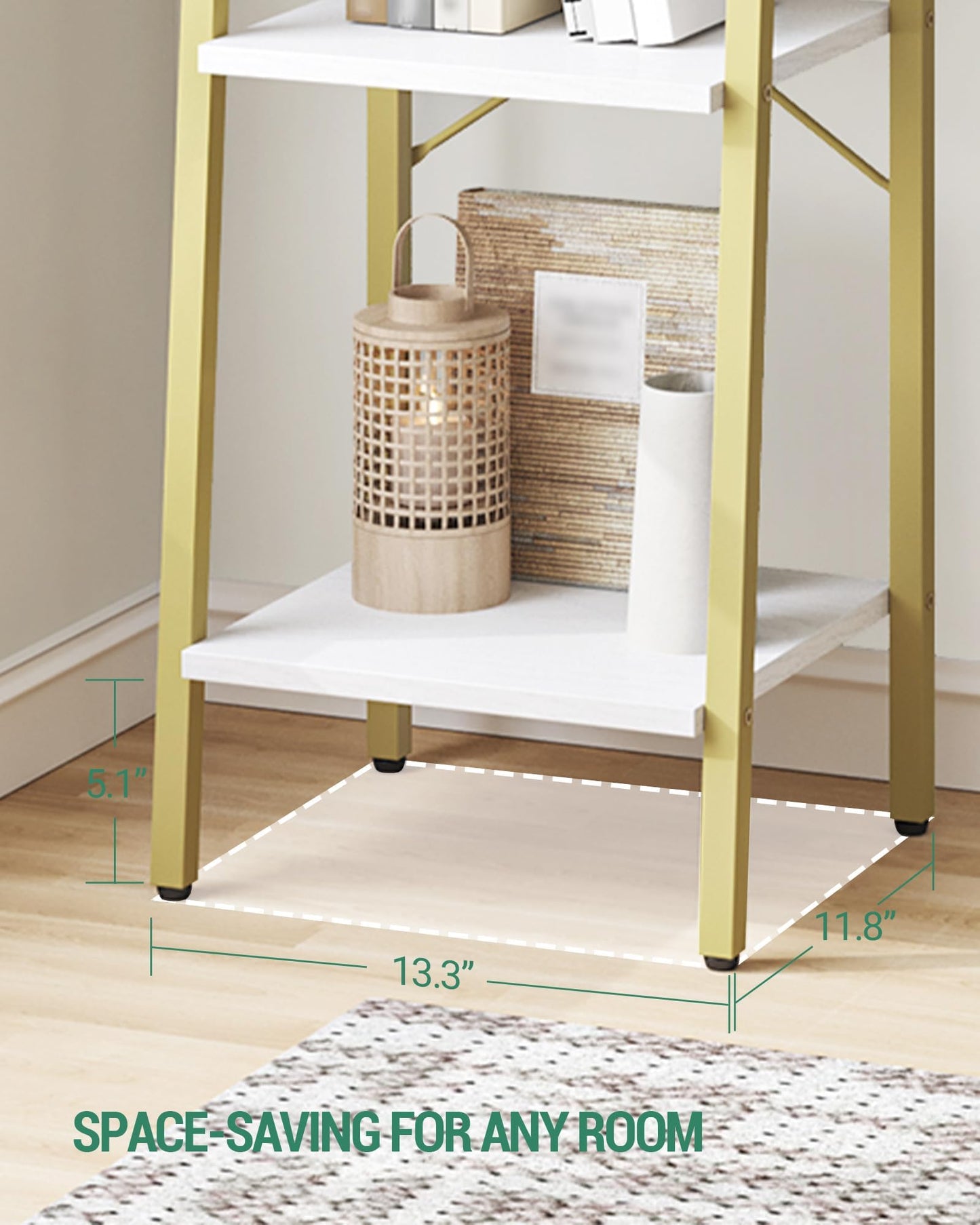 Hzuaneri Ladder Shelf, Bookshelf Bookcase, Freestanding Corner Storage Shelve with 2 Hooks for Home Office, Living Room, Kitchen, Bedroom, Industrial, 11.8" D x 13.4" W x 72.8" H,White Gold BC13313G