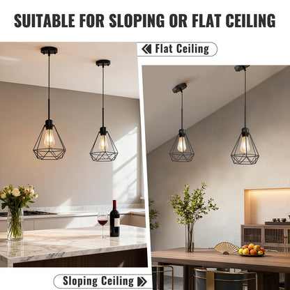 Maliralt Pendant Light Hanging Lights Fixture - Black Industrial Hanging Lamps with Metal Diamond Shade for Kitchen Island, Dining Room Over Table, Breakfast Corner, Farmhouse Home Decor - 2 Pack