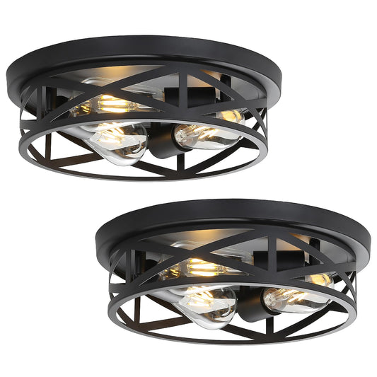 DOXVIEZE 2 Pack Close to Ceiling Light Fixtures, 13 Inch Farmhouse Metal Cage Flush Mount Ceiling Light 3-Lights, Black Industrial Semi Flush Mount Ceiling Light for House Hallway Kitchen Bedroom