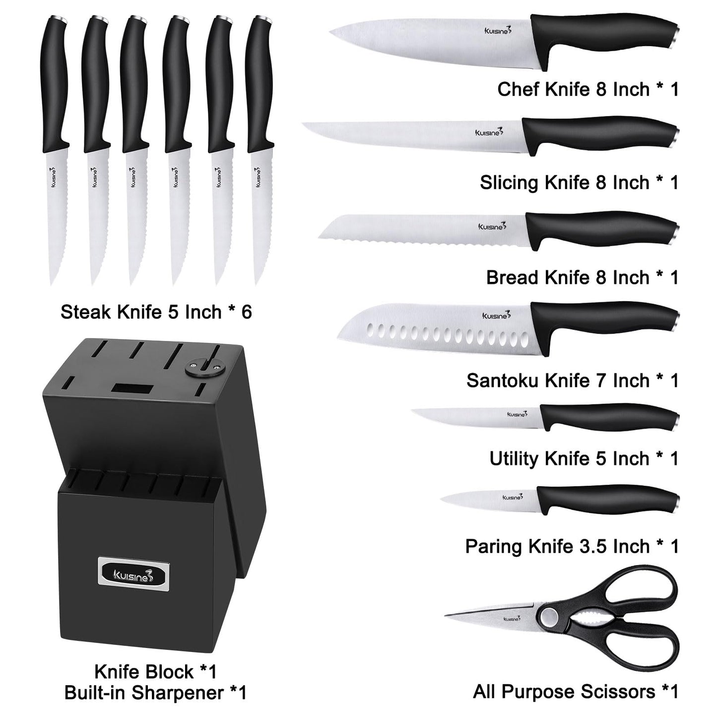 Kuisine Knife Set 15 pieces High Carbon Stainless Steel Professional Kitchen Knife block set with Sharpener Black
