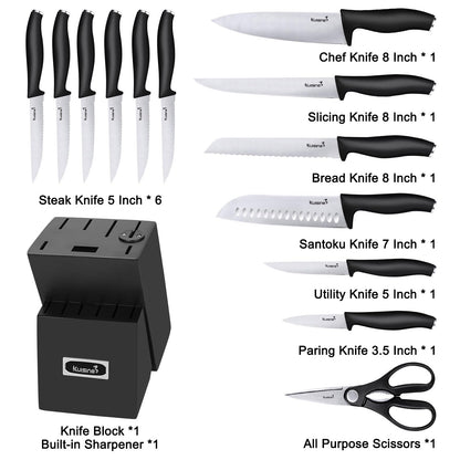 Kuisine Knife Set 15 pieces High Carbon Stainless Steel Professional Kitchen Knife block set with Sharpener Black