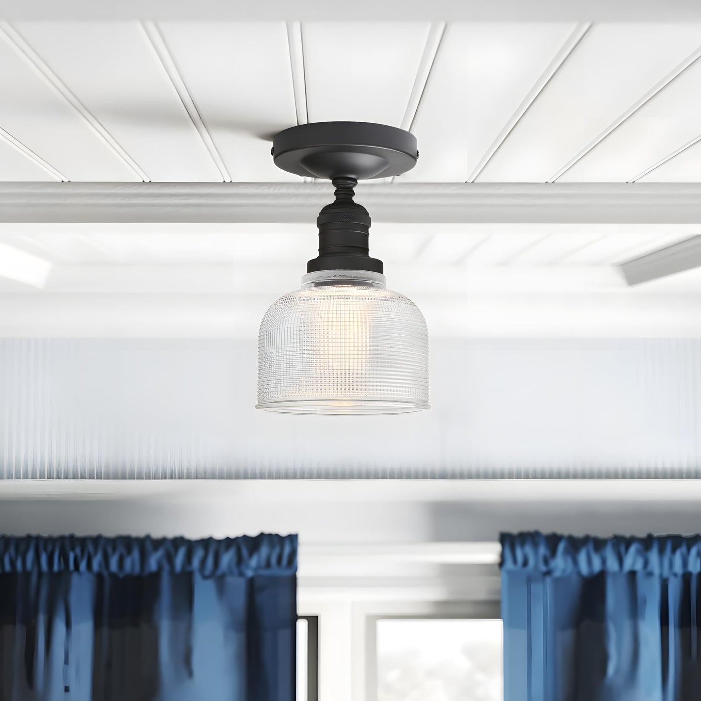 Yosoan Indoor Vintage Ceiling Light with Striped Shade, 1-Light Hardwired Modern Vanity Light Industrial Semi Flush Mount Ceiling Lamp Bowl Texture Glass for Kitchen Hallway(Black)