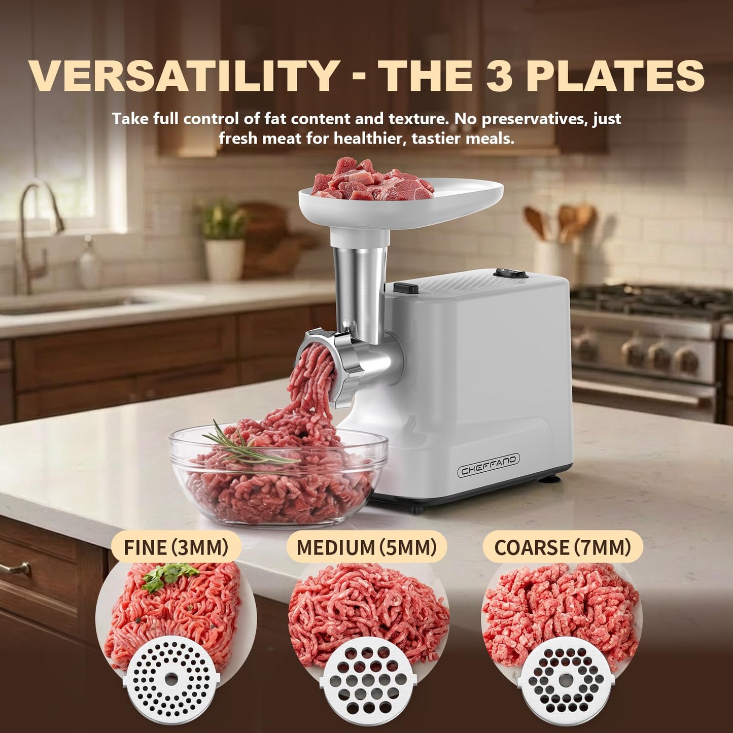 CHEFFANO Meat Grinder, [2500W Max] Electric Meat Grinders with, 2 Grinding Blades, 3 Plates, Sausage Stuffer, Kubbe Kit, for Home Kitchen Use, 3-In-1 Heavy Duty Mincer