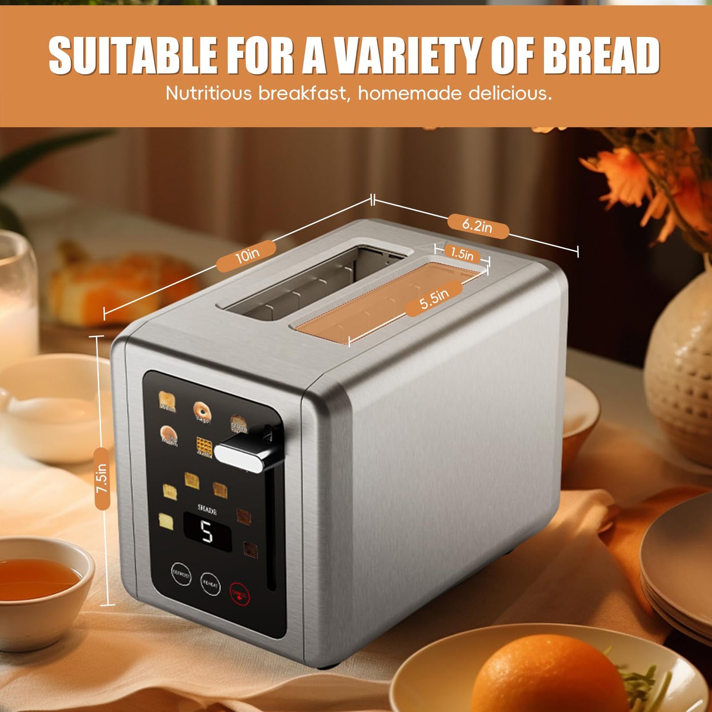 WUNLY 2 Slice Toaster,Touchscreen & Dual Independent Control Panel,5 Basic Functions & Digital Countdown Toasters,6 Shade Settings＆6 Bread Types,Smart Bread Maker Mute/Screen-Off,Titanium