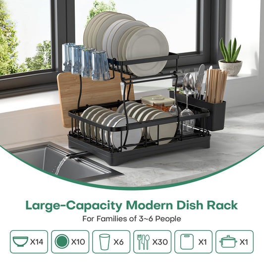 2 Tier Dish Rack, Carbon Steel Dish Drying Rack for Kitchen Organization & Storage, Countertop / Sink Dish Rack with Automatic Drain Tray, Large Capacity Black Dish Rack - Essential Home Kitchen Item