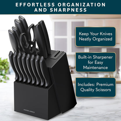 Home Hero Kitchen Knife Set - Wooden Knife Block Organizer - High Carbon Stainless Steel Blades - Ergonomic Handles with Built-In Sharpener & Kitchen Scissors - 16-Pc, Black