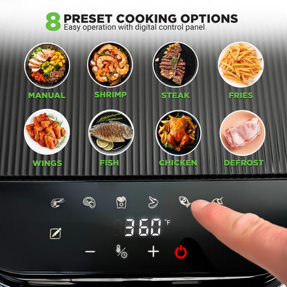 Nutrichef 5.8 Quart Air Fryer | 8-1 Preset Cook Modes | Transparent Fry Bowl for Best Cooking Results | Cook Shrimp, Steak, Fries, Wings, Chicken & More | Precise Temperature Control & Time | Grey