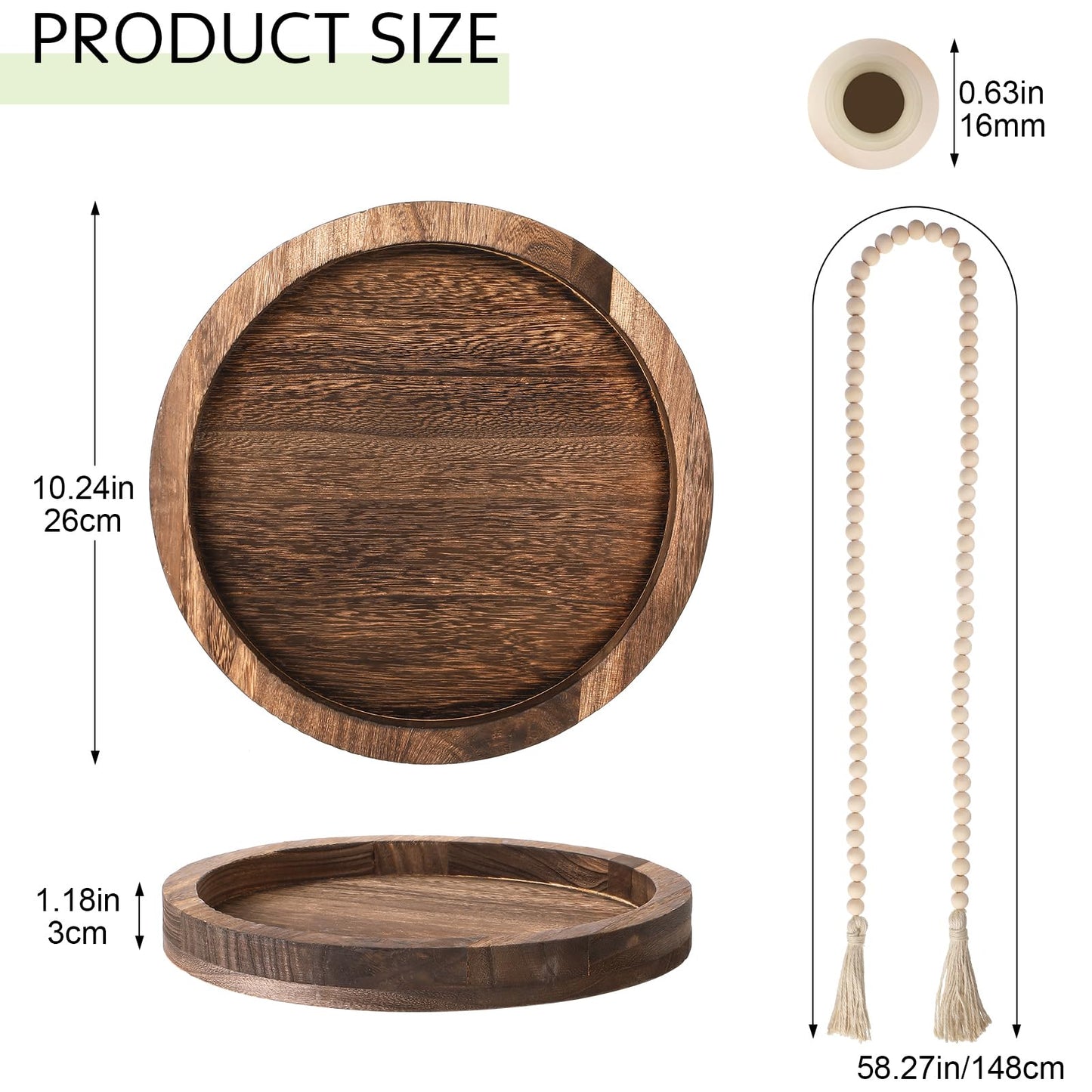 Tiangrid 5 Pcs Rustic Country Tabletop Centerpieces Decor Set of 3 Boho Ceramic Vases with Wooden Serving Tray Wood Bead Garland Tassels Table Holder for Home Decorations(Dark Brown)